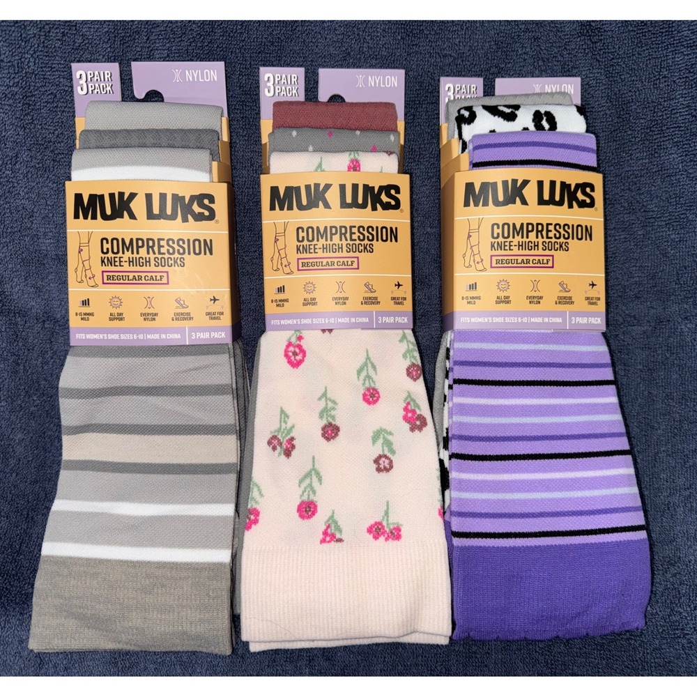 Muk Luks Compression Knee High Socks 9 Pair Lot Floral Leopard Stripe 8-15 mmHg